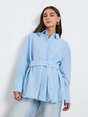Styli Blue Longline Belted Shirt