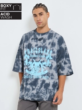 Styli Limited Men Grey Tie-Dye Graphic Print Oversized T-Shirt