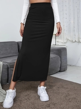 Take Two Women Solid Split Hem Bodycon Midi Skirt