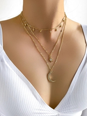 Take Two Star and Moon Rhinestone Layered Necklace