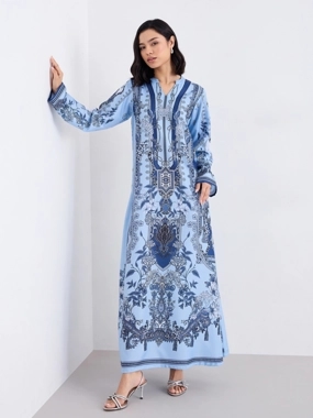 Amirah Women Blue Maxi Jalabiya with Matching Scarf