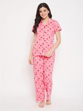 Clovia All Over Butterfly Print Short Sleeve Shirt and Drawstring Waistband Pyjama Set