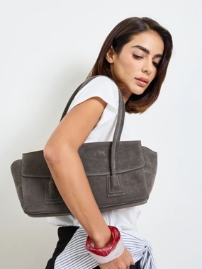 Styli Grey Flap Over Elongated Shoulder Bag