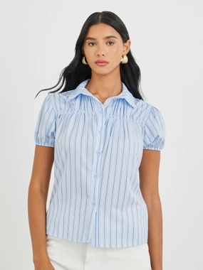 Take Two Striped Puff Sleeve Buttoned Shirt