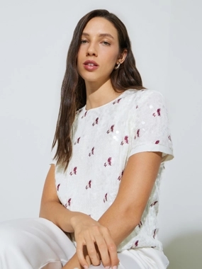 Styli Off White Sequin Embroidered Blouse