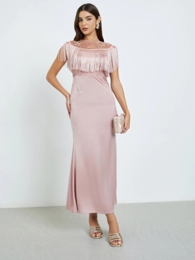 Styli Lace Boat Neck with Fringe Detail Mermaid Hem Maxi Dress