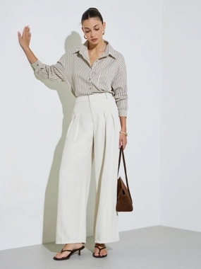 Styli Cream Wide Leg With Pleat Detailing Formal Pants