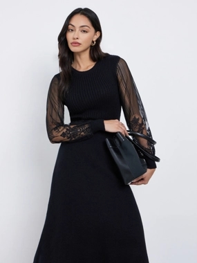 Styli Black Lace Sleeve Knitted Sweater Midi Dress