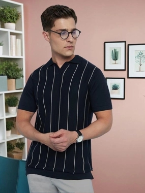 Dennis Lingo Men Striped Flat Knit Polo