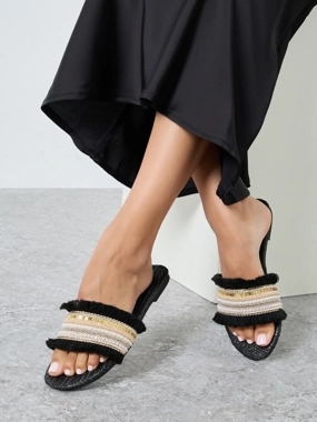Styli Embellished Fringe Flat Sandals