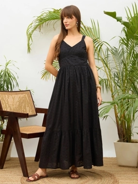 Sassafras Black Embroidered Strappy Maxi Dress