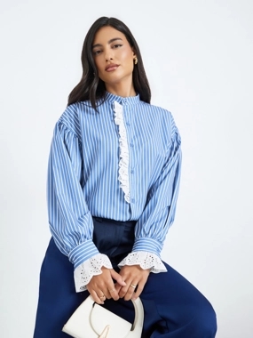 Styli Blue Striped Ruffle Trim Shirt