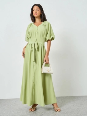 Styli Green Front Tie-Up V Neck Maxi Dress