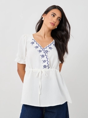 Styli Embroidered V-Neck Puff Sleeve Peplum Blouse