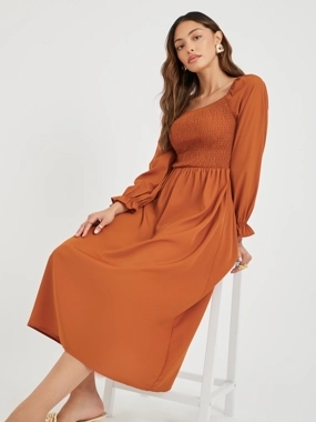 Take Two Women Rust Solid Square Neck Smocked A-Line Midi Dress