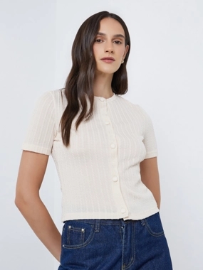 Styli Women Cream Textured Buttoned Knit Top