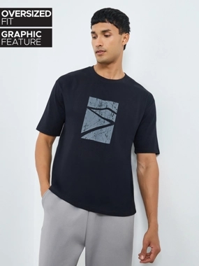 Styli Men Black Graphic Print Oversized T-Shirt