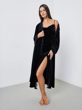 Styli Unwind Pack of 2 - Velvet Contrast Strap Slip Dress and Lace Trim Robe