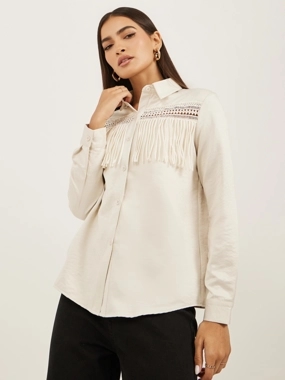 Styli Solid Lace Insert Regular Fit Shirt with Fringe Detail