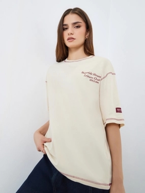 Styli Beige Slogan Oversized 100% Cotton T-Shirt