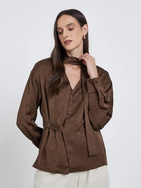 Styli Brown Tie-Neck Buttoned Blouse