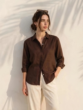 Styli Brown Linen Blend Relaxed Fit Shirt