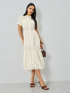 Styli Crem Lace Insert Buttoned Shirt Midi Dress