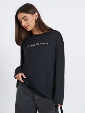Styli Women Black Long Sleeve Slogan Oversize T-shirt