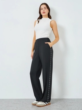 Styli Women Black Side Rhinestone Wide Leg Pants