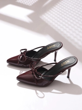 GNIST Plain Pointed Toe Stiletto Heel Mules with Bow Detail