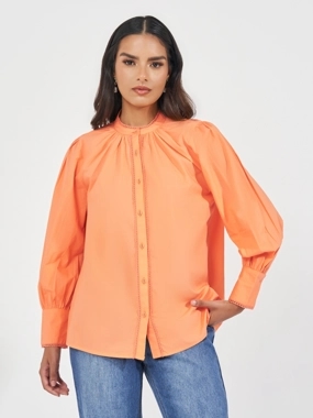 Styli Stand Collar Lace Detail Shirt with Pintuck Detail