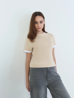 Styli Beige Regular Fit Cotton Ringer 100% Cotton T-Shirt