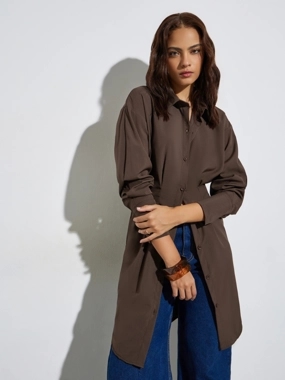 Styli Brown Fold Pleat Longline Shirt