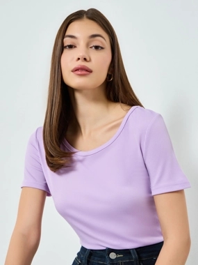 Styli Purple Ribbed Round Neck T-Shirt