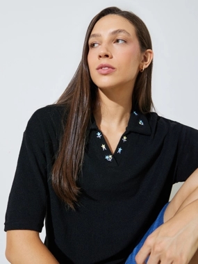 Styli Black Embroidered Detail Boxy Fit Polo T-Shirt