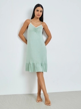 Styli Green Contrast Lace Trim Ruffle Hem Slip Dress