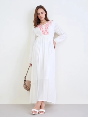 Styli Women White Embroidered Long Sleeves A-Line Maxi Dress