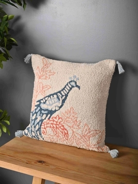 Sanskrutihomes Beige Peacock Design Cotton Truffted Cushion Cover, Large