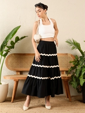 Uptownie Black Ric-Rac Tiered Maxi Skirt