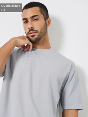 Styli Men Grey Oversized Crew Neck T-Shirt