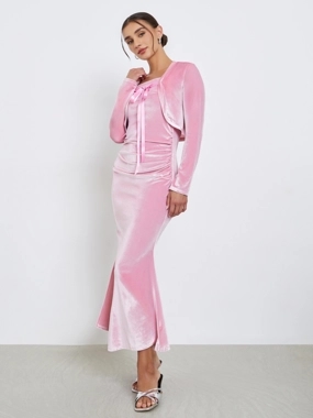 Styli Pink Velvet Look Midi Dress with Bolero