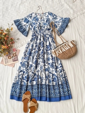 Take Two Blue Floral Maxi Dress with Flared Sleeves