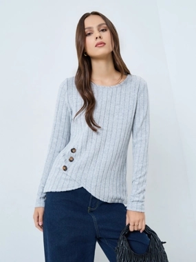 Take Two Grey Ribbed Button Side Detail Top