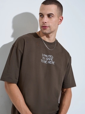 Styli Men Brown Graphic Print Oversized T-Shirt