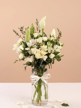 White Baby Roses & Lilies Vase