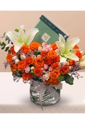 Orange Baby Roses Vase with Patchi Chocolate