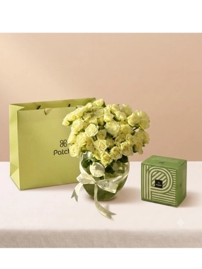 White Baby Roses Vase with Patchi Chocolate