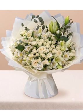 White Baby Roses with Lilies & Alstroemeria