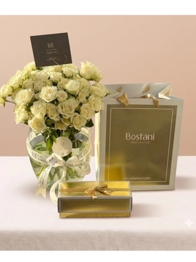 White Baby Roses Vase with Bostani Chocolate