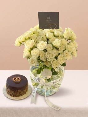 White Baby Roses Vase with Ganache Cake